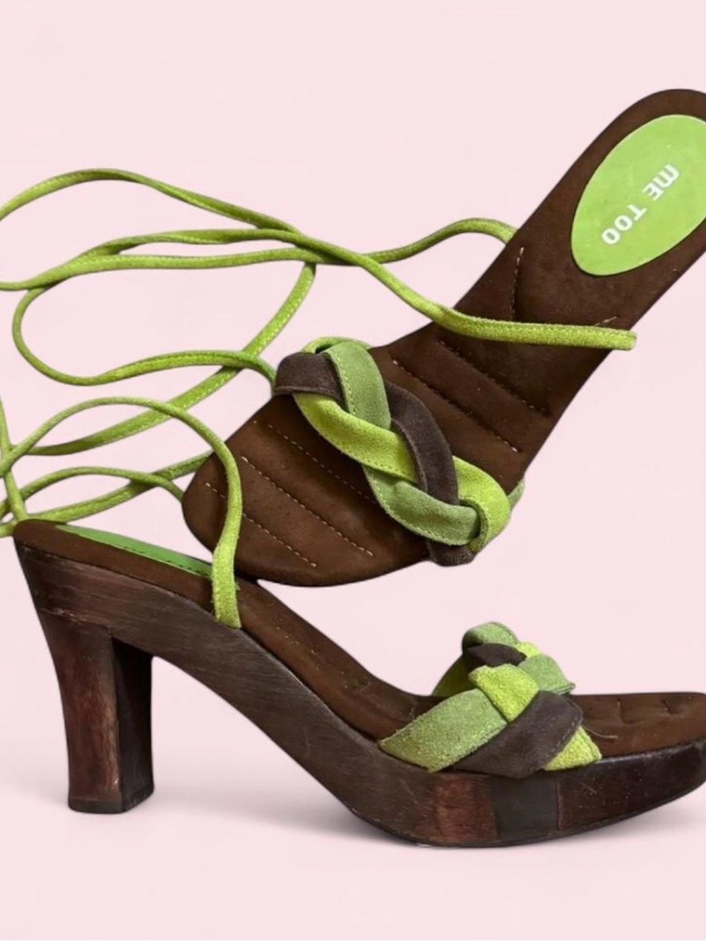 Me too Green and Brown Braided Suede Lace-Up Platform Heels Y2K